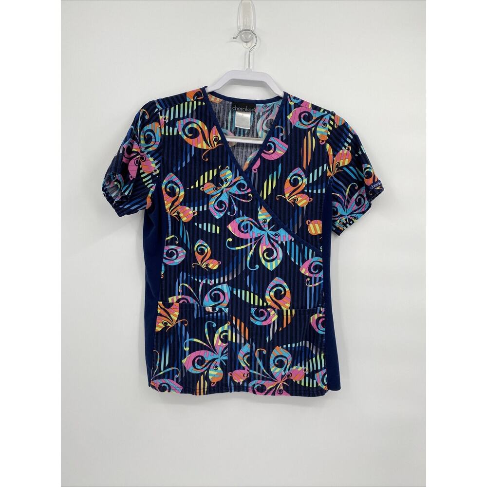 Cherokee Womens Printed Stretch Mock Wrap Knit Panel Scrub Top Navy Blue Size S